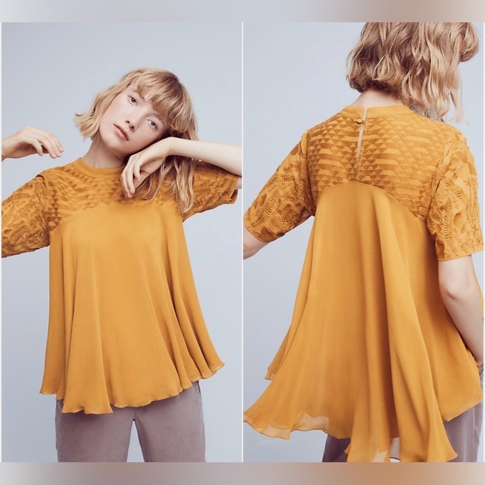 Anthropologie Varun & Nidhika Goldenrod Mustard Swing Short Sleeve Blouse Small